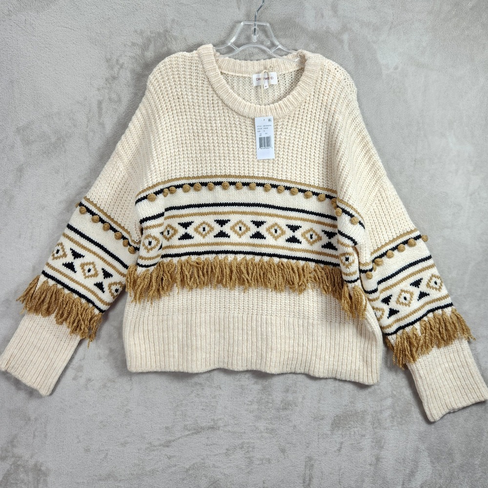 Driftwood Womens XL Tasseled Geo Print Dropped‎ Shoulder Sweater Fringe Pom Pom